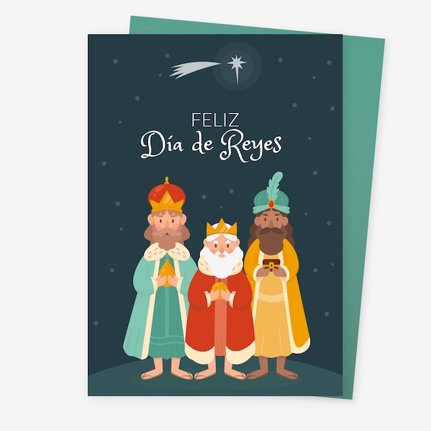 Flat feliz navidad reyes magos greeting card template