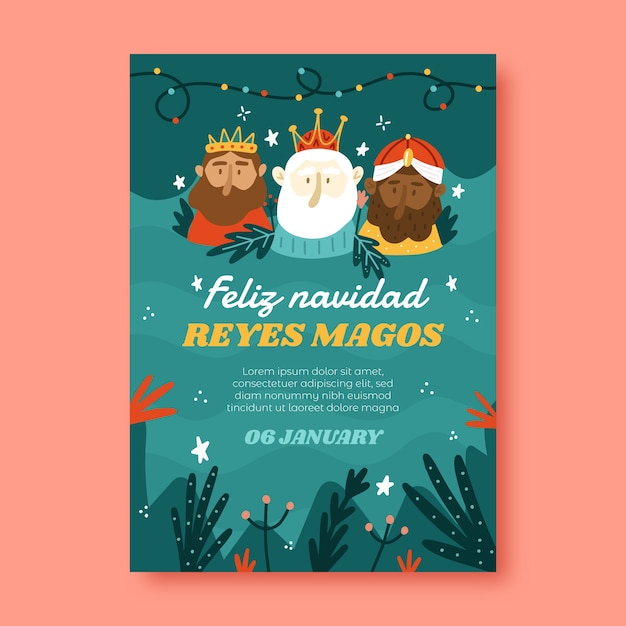 Flat feliz navidad reyes magos greeting card template