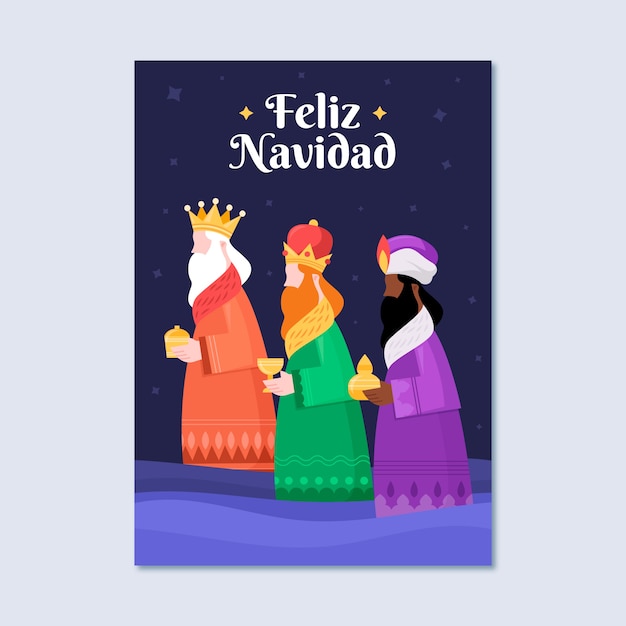 Flat feliz navidad reyes magos greeting card template