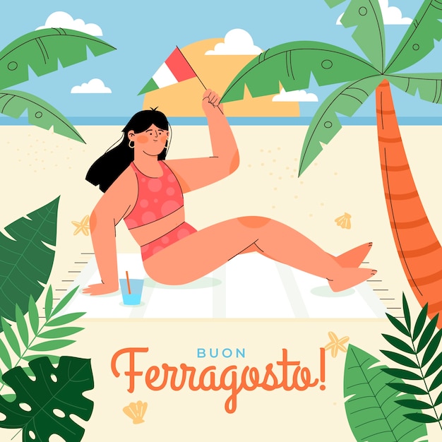 Illustrazione piatta di ferragosto con donna che tiene bandiera sulla spiaggia