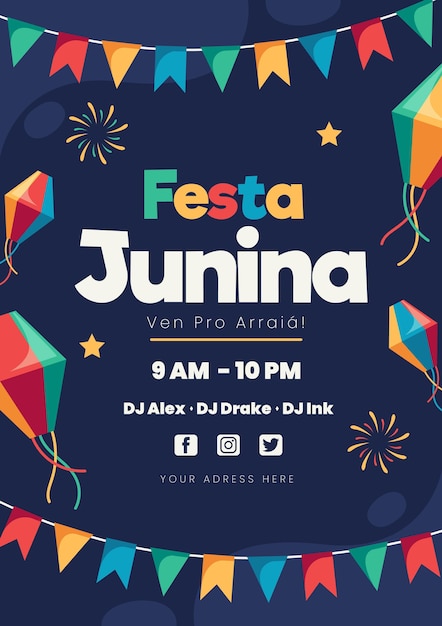 Вектор Плоский шаблон вертикального плаката festa junina