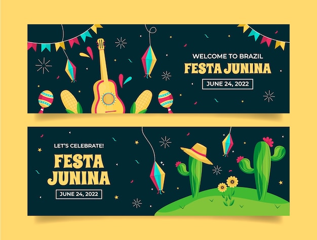 Вектор Плоская коллекция горизонтальных баннеров festas juninas