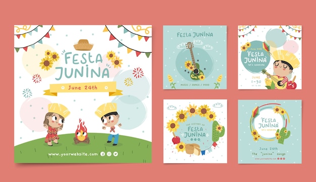 Vettore collezione di post instagram flat festas juninas