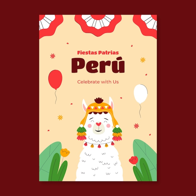 Vettore modello di biglietto di auguri flat fiestas patrias de peru