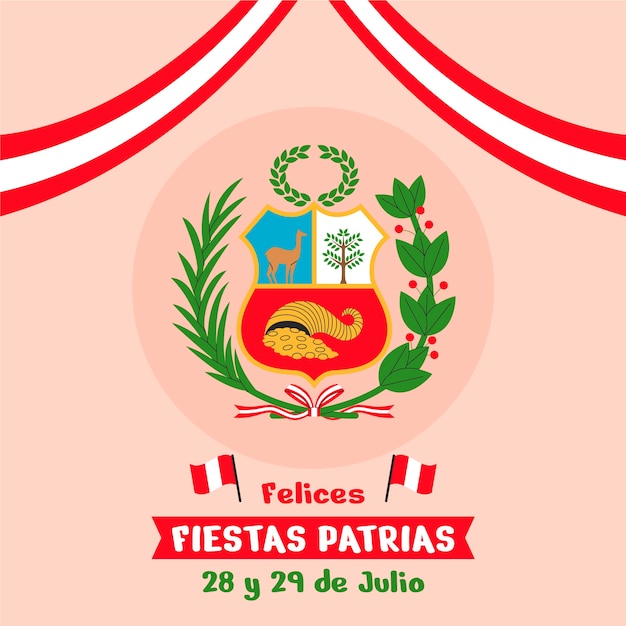 Flat fiestas patrias illustration with peruvian coat of arms