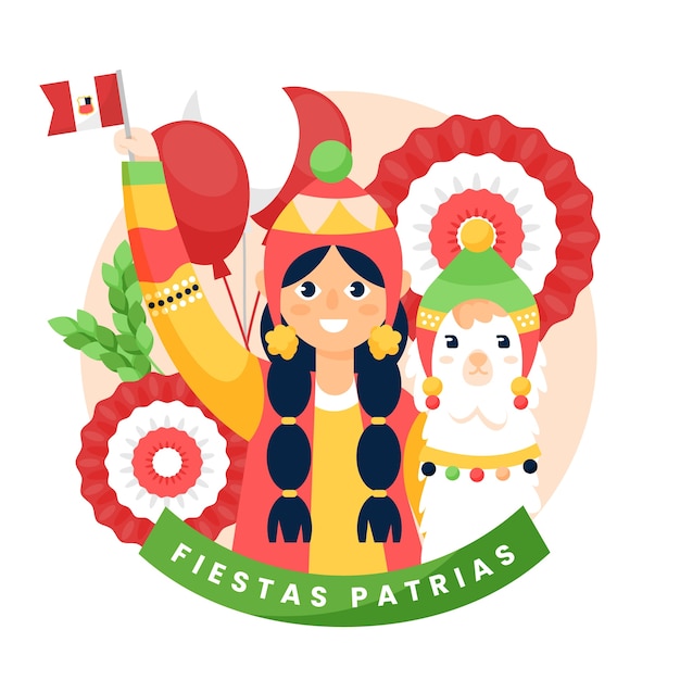 Vettore illustrazione piana di fiestas patrias con donna e lama