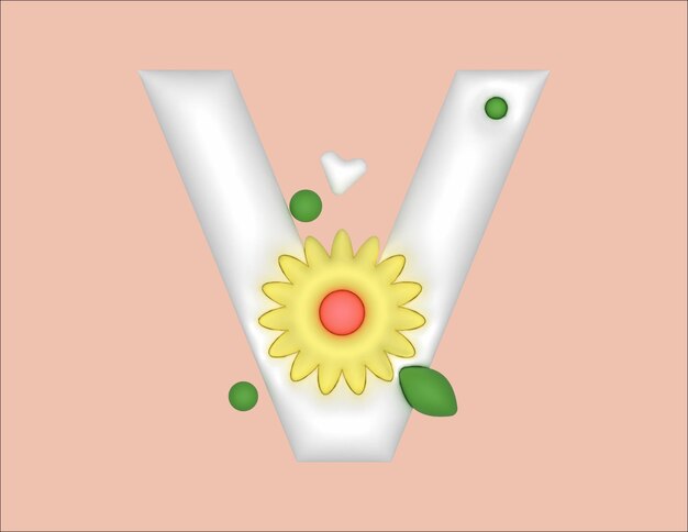 flat floral 3d V letter