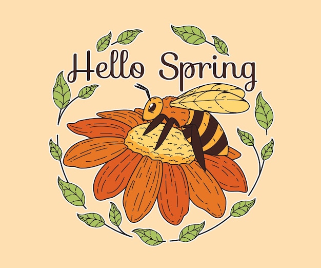 Vector flat floral spring with bee background