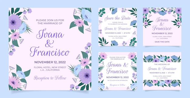 Vector flat floral wedding instagram posts collection