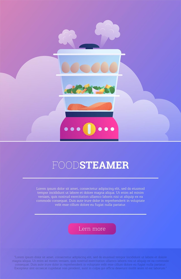 Vector flat food steamer device landing page gezond eten koken in elektrische dubbele ketel huishoudelijke stoomapparaat mobiele app homepage interface design vector illustratie geïsoleerd op witte achtergrond