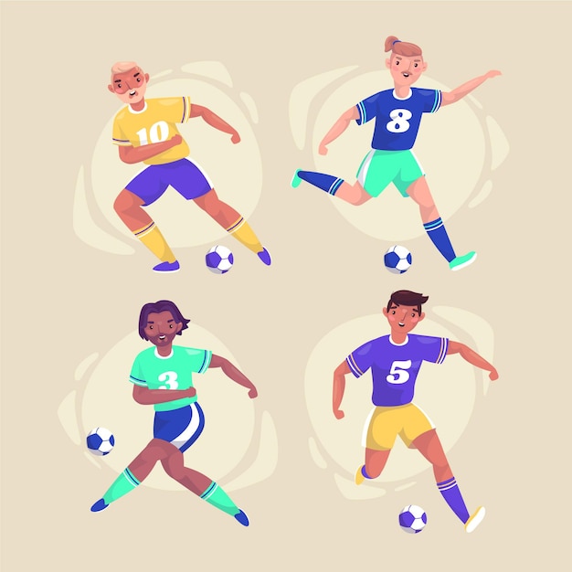 Flat football players illustration set