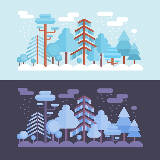 Vector flat forest scene with day and night