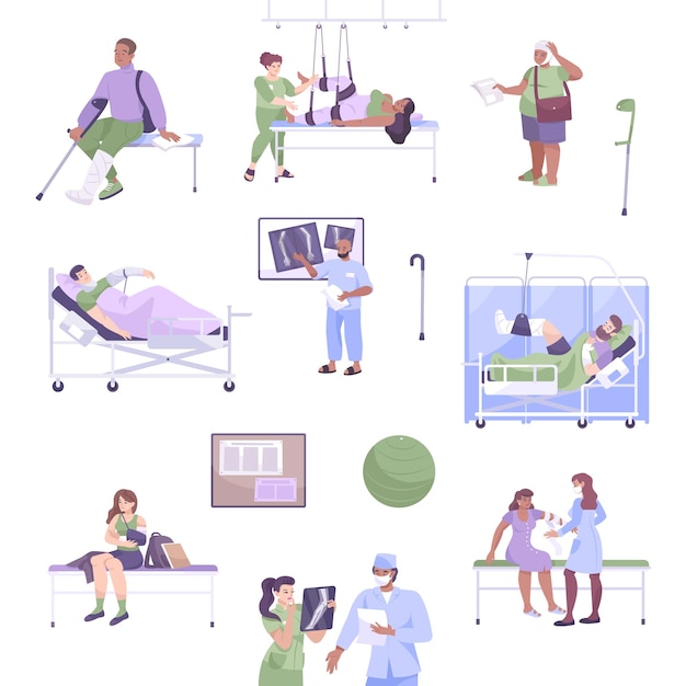 Vector flat fracture icon set patients with injuries and fractures xray and doctor s consultation vector illustration