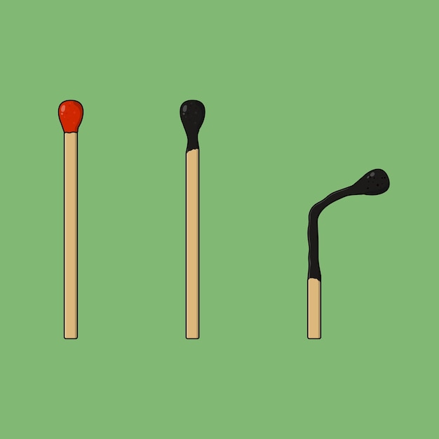 Vector flat fresh burn and burned out match sticks vector icon illustration fire