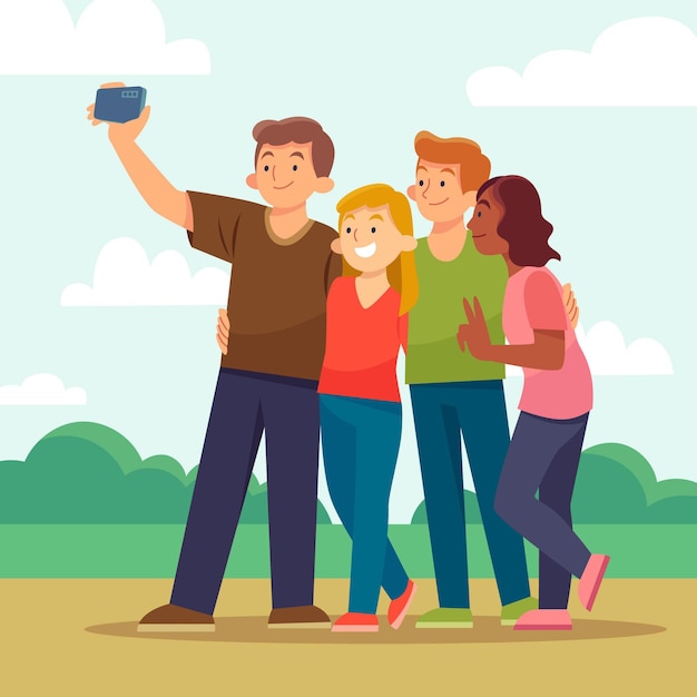 Vector flat friends taking selfie with phone