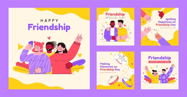 Vector flat friendship day celebration instagram posts collection