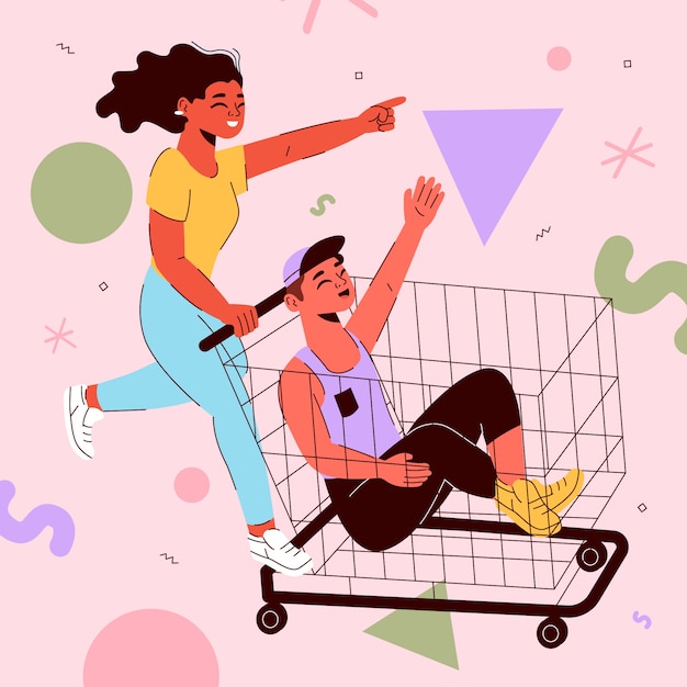 Vector flat friendship day illustration with friends having fun with shopping cart