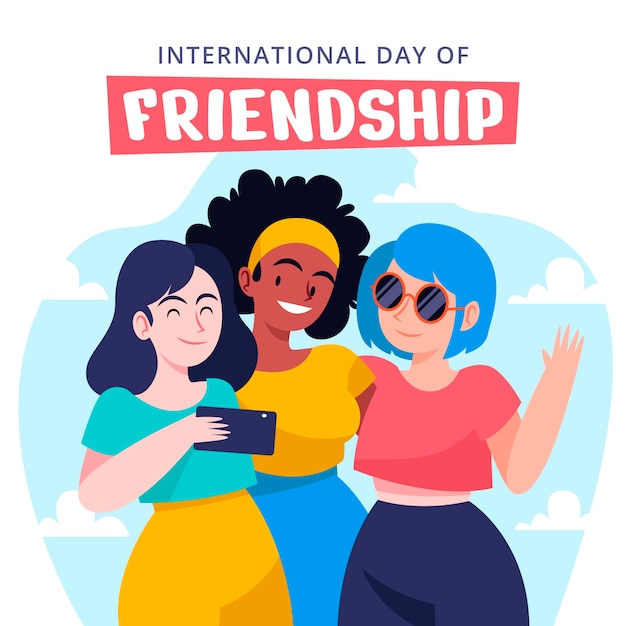 Vector flat friendship day illustration with friends looking at smartphone