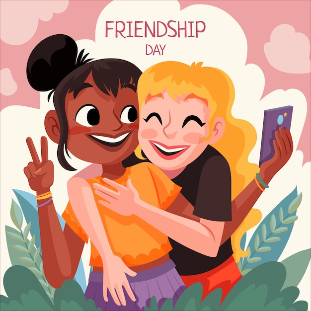 Vector flat friendship day illustration with friends taking selfie with smartphone