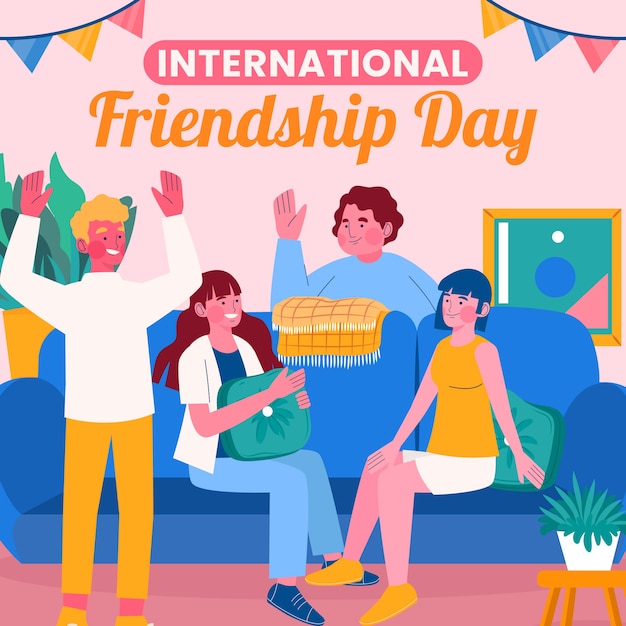 Vector flat friendship day illustration with group of friends on the sofa