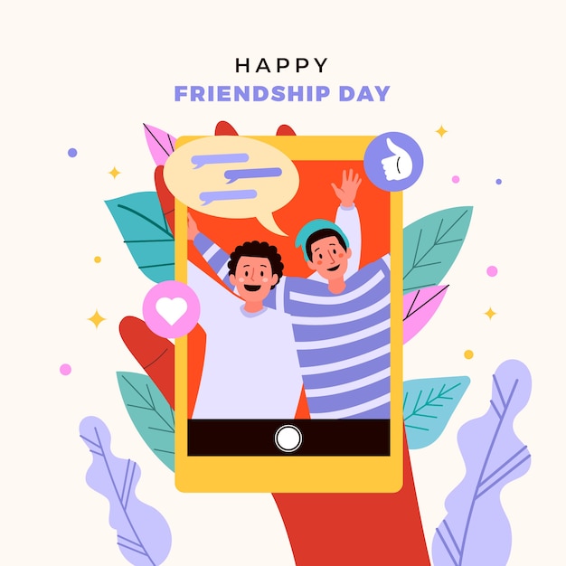 Flat friendship day illustration with photo on smartphone