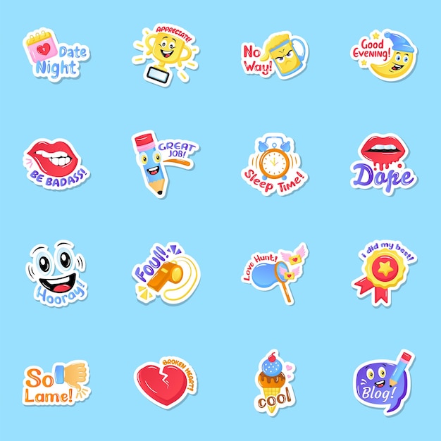 Flat Funny Sticker set in Editable Style