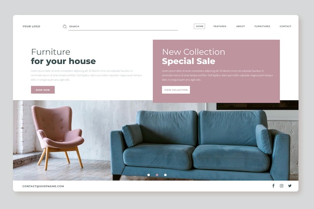 Vector flat furniture sale landing page with photo