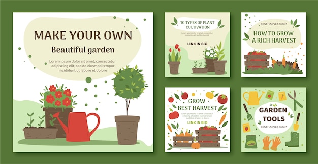 Vector flat gardening instagram posts collection