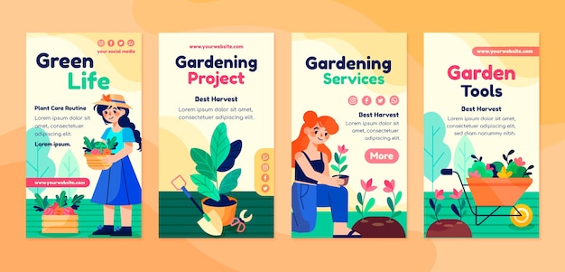 Vector flat gardening instagram stories collection