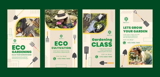 Vector flat gardening instagram stories collection