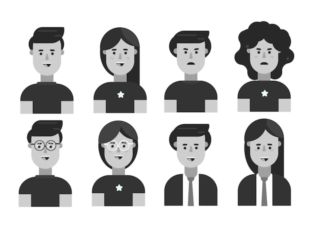 Set avatar geometrico piatto di persona disegnata a mano profilo piatto icona illustrazione in bianco e nero