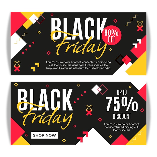 Vector flat geometric black friday horizontal banners set