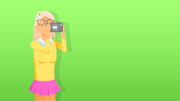 Flat Girl Photographer Takes A Photo With A Camera Cartoon People Character Concept Illustration