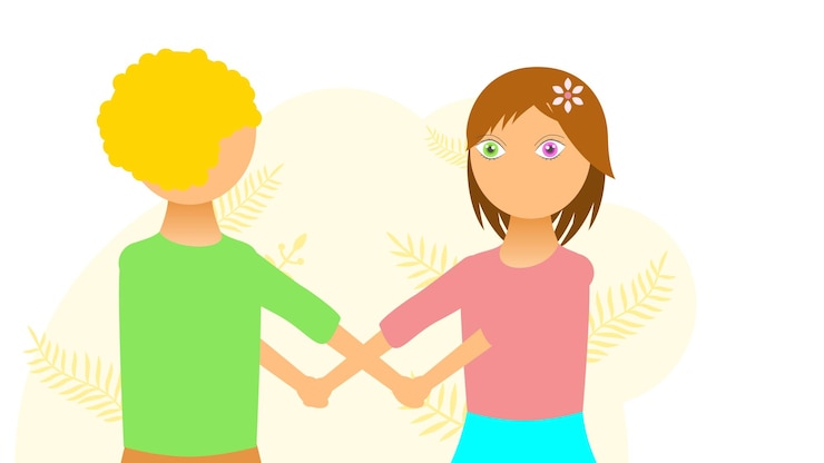 Vector flat girl woman character with boy holding hands with different colors eyes disease heterochromia