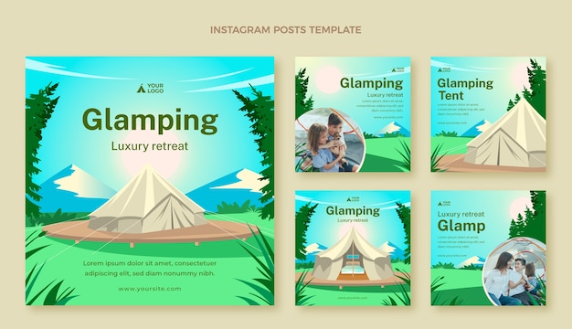 Vector flat glamping instagram posts collectie