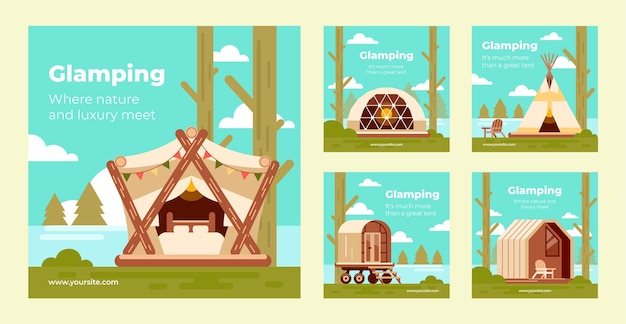 Vector flat glamping instagram posts collection