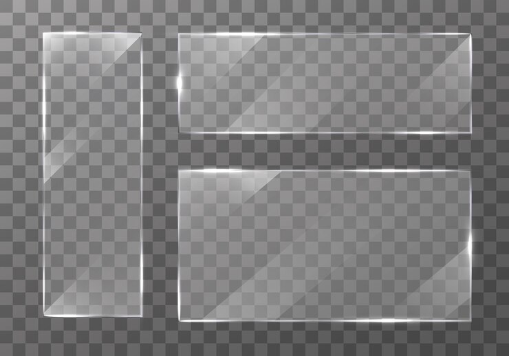 Vector flat glass plate banners. set on transparent background. clear glass showcase. panel texture or clear window. light effect for a picture or a mirror. realistic windows