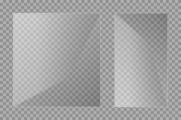 板ガラスセット。透明な背景のwindowsバナー。反射3dプレート、クリアミラー、ウィンドウ。キラキラ長方形ディスプレイグレアガラスフレーム。ベクター