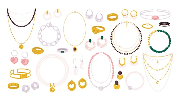 Flat gold silver jewelry collection Ring and necklace earrings with pearls and stones Flat fashion female accessories racy vector clipart