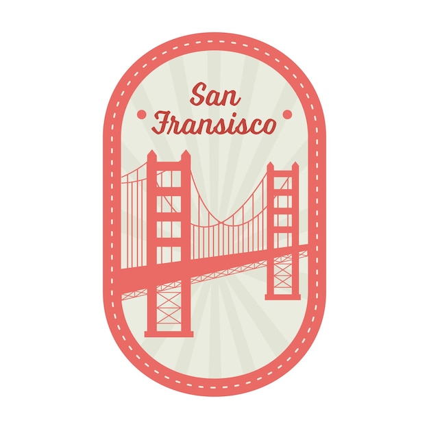 Vector flat golden gate met stralen op ovale achtergrond voor san francisco stempel of labelontwerp in oranje en grijze kleur