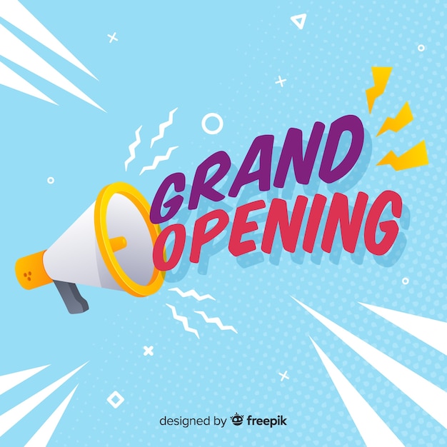 Flat grand opening background with megaphone