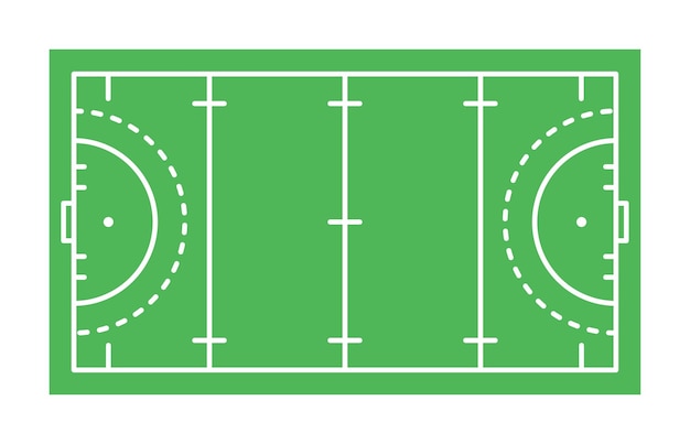 Плоская зеленая трава для хоккея на траве с шаблоном линии векторная карта стадиона пропорциональная иллюстрация контура