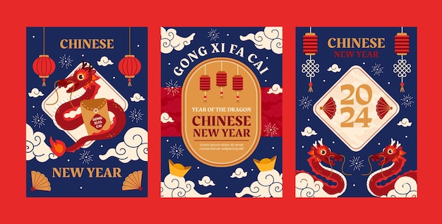 Vettore collezione di biglietti di auguri piatti per la celebrazione del capodanno cinese