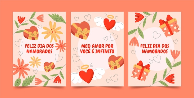 Vector flat greeting cards collection for dia dos namorados celebration