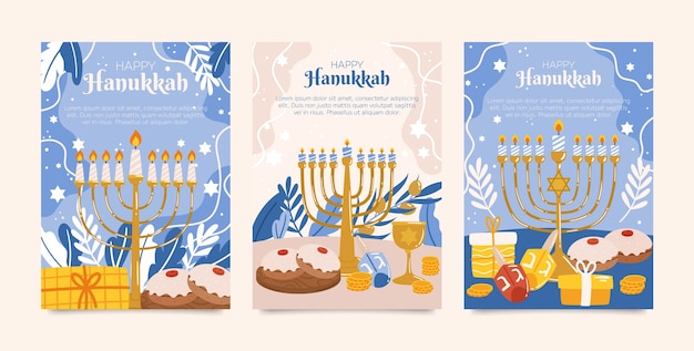 Vector flat greeting cards collection for hanukkah celebration