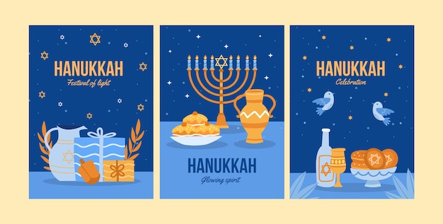 Vettore collezione di biglietti d'auguri piatti per la celebrazione ebraica di hanukkah