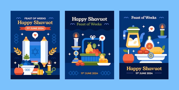 Flat greeting cards collection for jewish shavuot celebration