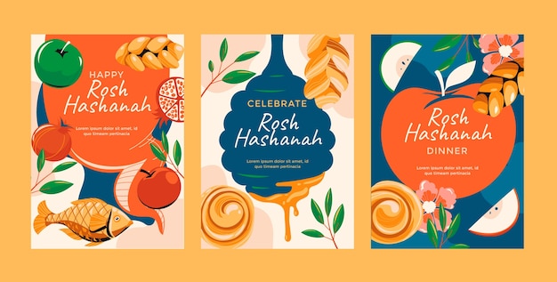 Flat greeting cards collection for rosh hashanah jewish new year celebration