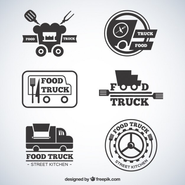 Flat grey food truck logotypes