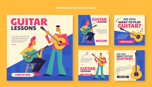 Vector flat guitar lessons instagram posts collection